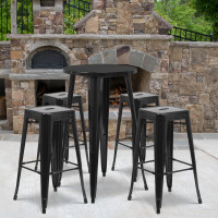 Flash Furniture CH-51080BH-4-30SQST-BK-GG 24" Round Bar Table Set with 4 Square Seat Backless Barstools in Black